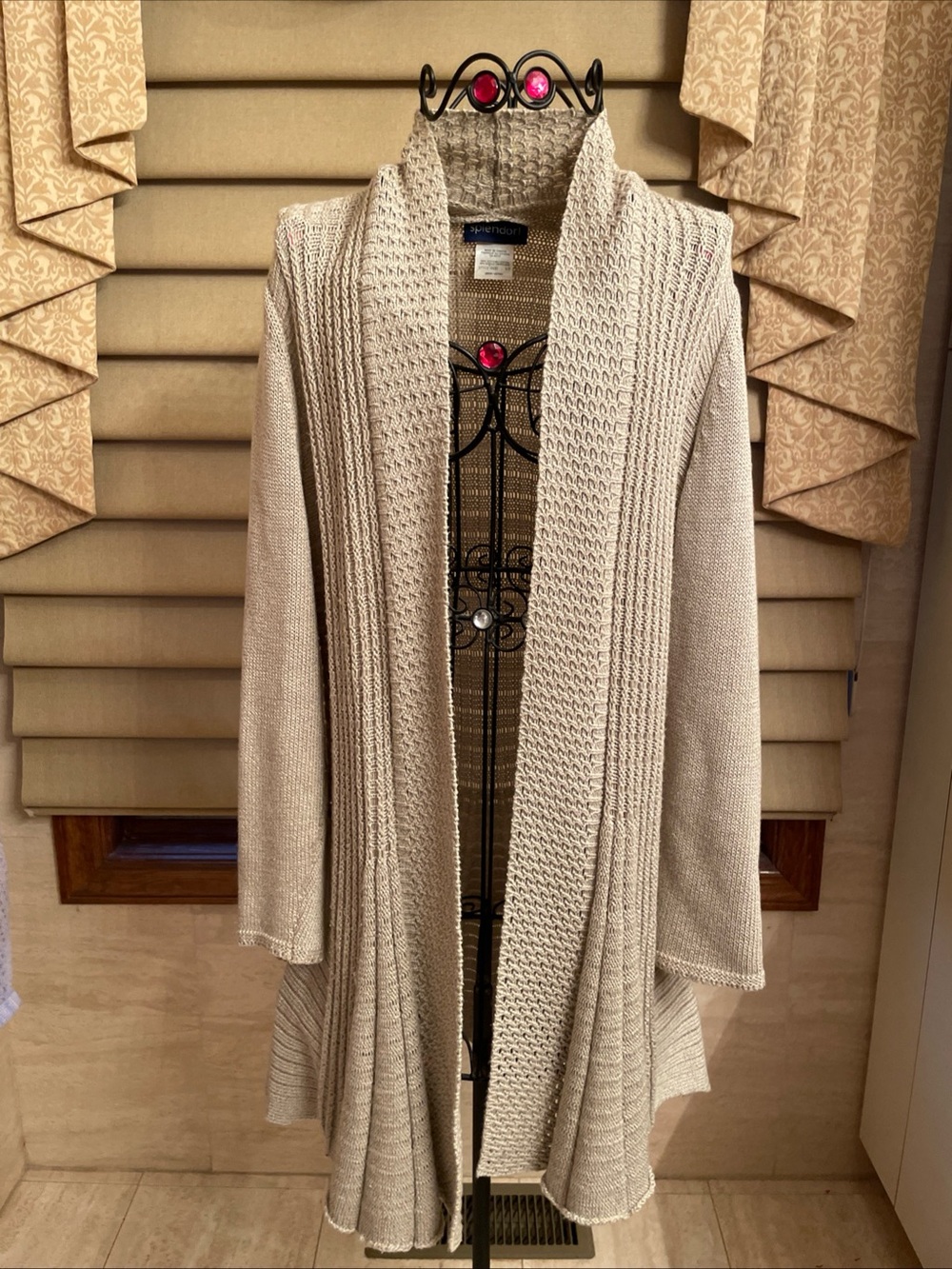SPLENDOR! Tan Open Front Long Sleeve Cardigan Sweater Crochet Womens Size Small
